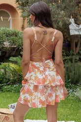 Veda Strappy Back Ruffle Mini Dress Floral Orange